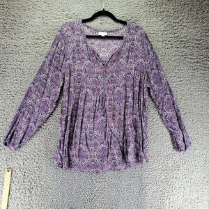 J.Jill Top Womens XL Purple Paisley Boho Long Sleeve Lightweight V-Neck  Blouse